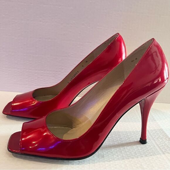 Stuart Weitzman Cherry Red Patent Peep toe Heels 8M - Picture 10 of 14